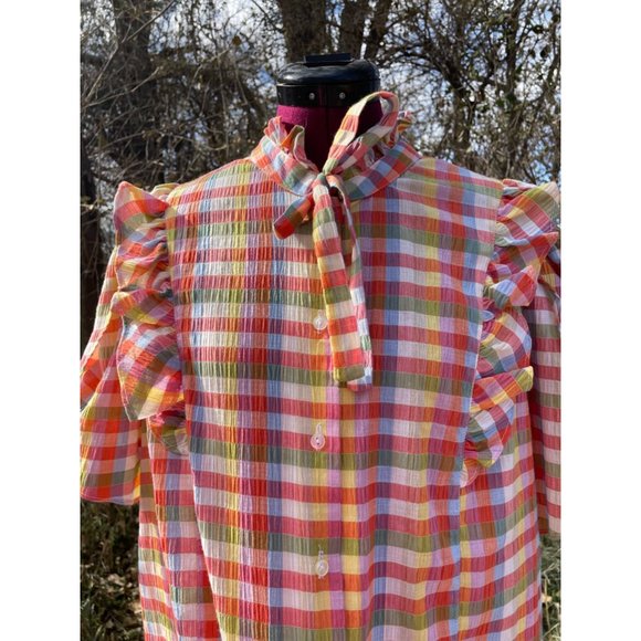 Vintage 1970s Plaid Seer Sucker Peasant Blouse With Tags Size 44 - Picture 9 of 16